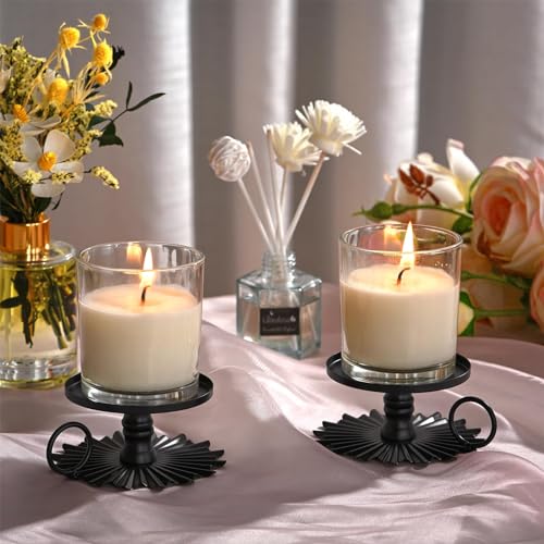 CoColemon Black Iron Pillar Candle Holders Set of 2, Pedestal Candles, 3.15 inches Pillar Candle Holder Plate (Black)