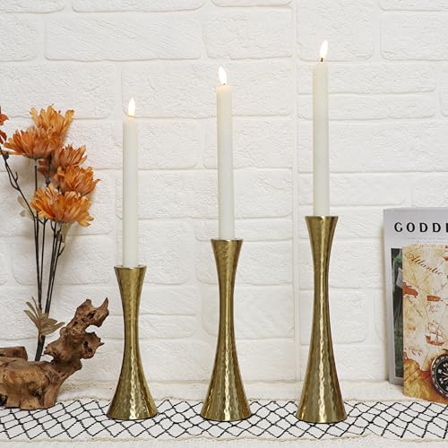 Taper Candle Holders Metal Candlestick Holders Set of 3 Table Mantel Decorative Candle Stand for Dinning,Party，Wedding,Home Decor(Brass Gold) - color: Brass Gold