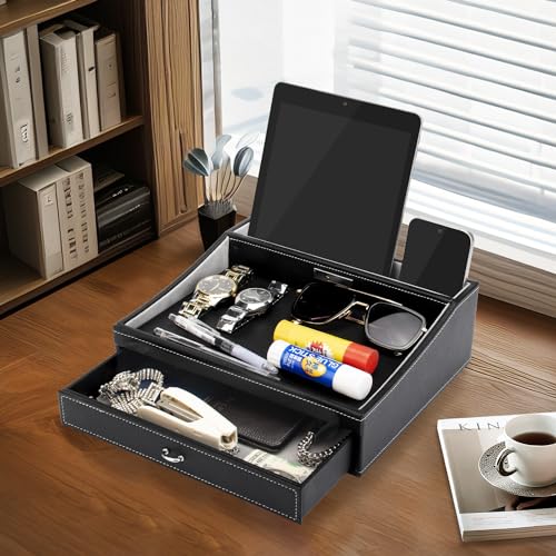 Baoyun Gifts for Dad Mens Nightstand Organizer, Jewelry Box for Men, Mens Dresser Organizer Countertop, Large Capacity Leather Valet Tray for Phones Pad Wallet Key Christmas Gifts for Men - color: Black