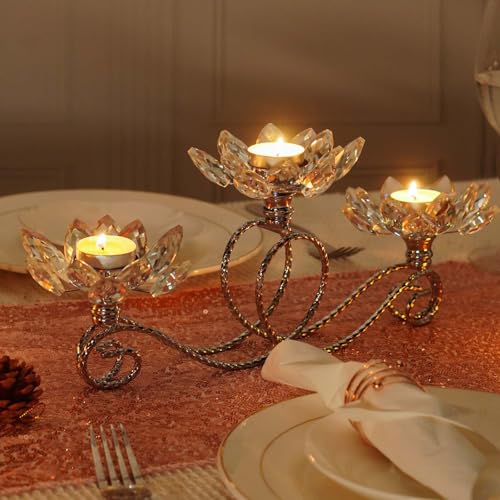 2Pcs Siver Kehail Crystal Metal Tea Light Candle Holder Set, 3-Arm Flower Shaped Crystal Votive Candlestick Holders for Table Centerpiece, Wedding Shower, Party and Home Decor - color: Silver, size: 2pcs-3 arm