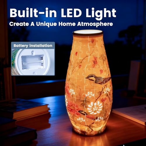 3D Puzzles Vase with LED Light, Creative Puzzle Vases Adult Crafts DIY Decorative Flower Vase for Home Decor Unique Gifts for Housewarming Christmas Mother s Day - color: Peony Birds