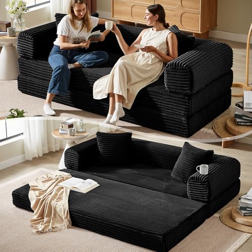 Boneless Couch Versatile Couches for Living Room No-Install Sofa Bed Corduroy Futon Soft Cloud Couch with Pillows for Bedroom Game Movie (Black, 76") - color: Black