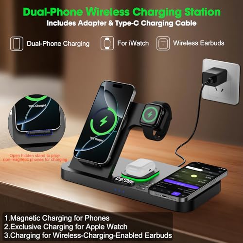 Dual Phone Wireless Charging Station for Apple Devices, Magnetic Charging Station for iPhone with Auto Switch 7-Color Light&Clock, Family Watch Charger for iPhone17 for iWatch11 for AirPods Pro3(Black - color: Black