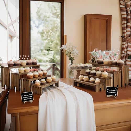 HBlife 2 Set Widened Acacia Wood Display Risers for Vendor Events, Stackable Modular Cupcake Stand Buffet Risers, Dessert Table Display Set, Tiered Display Shelves for Perfume/Figures/Collectibles