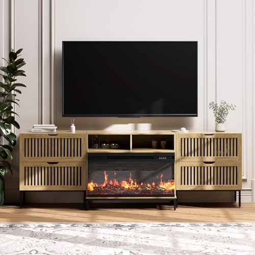 3-Sided Glass Farmhouse Fireplace TV Stand for TVs Up to 100 Inch, Entertainment Center with 36" Electric Fireplace, 4 Drawers Storage,Oak - color: Oak