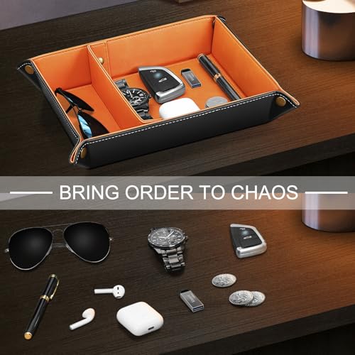 SITHON Valet Tray Desktop Storage Organizer, Removable 2 Compartments Catchall Tray Bedside Vanity Nightstand Caddy Holder Desk Storage Plate, Orange - color: Orange