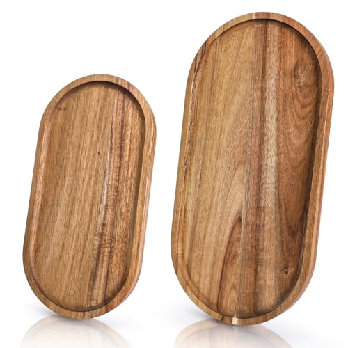 Elsjoy Set of 2 Acacia Wood Serving Trays, Long Wooden Serving Platter Oval Charcuterie Board Set for Home Decor, Fruit, Cheese, 𝟏𝟒" 𝐱𝟕" 𝐚𝐧𝐝 𝟏𝟏" 𝐱𝟓.𝟓"