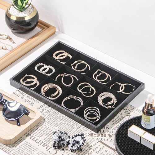 Jewelry Organizer Tray，Stackable Jewelry Drawer Organizer for Beads Rings Earrings Storage Display (Black, 12 Grids) - size: 12 Grids
