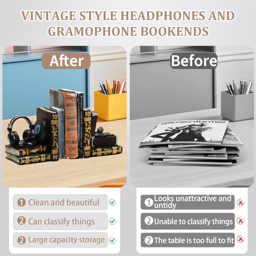 Vintage Bookends Decorative Headphone Record Player Book Ends Unique Music Lovers Book Stopper Heavy Duty Bookends for Desk,Shelves,Home Office Decor,Vintage Gifts