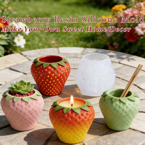 1 Pc Strawberry Epoxy Resin Storage Box Silicone Mold 3D Fruit Candle Container Mold for DIY Craft Jewelry Trinket Home Decor Makeup Brush Holder Organizer Pen Holder Flower Planter Pot - color: Strawberry Resin Mold