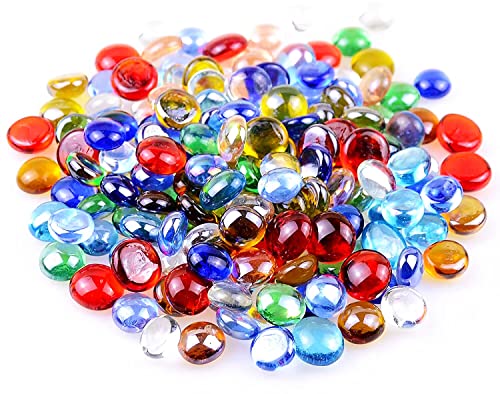 KINGOU 100 pcs Flat Glass Marbles, Replacement Mancala Stones 0.6 LB Mixed Colored Flat Glass Pebbles/Beads/Gems for Games Vase Filler Beads Aquarium Pebbles DIY Craft (12-16mm)