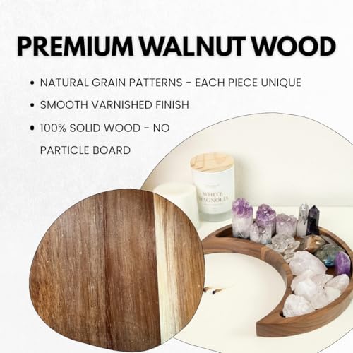 Walnut Moon Crystal Display Tray - Gothic Wooden Altar Tray 9.5" x 4.5" for Crystals and Stones Storage - Solid Wood Jewelry Organizer Dish - Spiritual Decor - color: Walnut