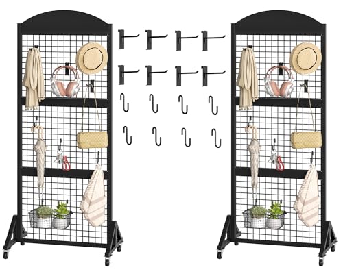 CHOEZON 2 Packs Grid Wall Panel 5.7' x 2' FT Grid Display Rack with Wheels, Movable Gridwall Display Stand with 8 S-Shaped Hooks and 8 Garment Hooks, Floorstanding Wire Grid Rack, Black TCJ17P2BB - color: Black