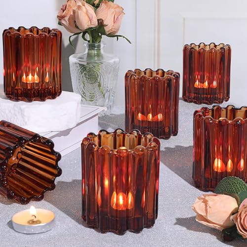 HAVITI 6 Pcs Votive Candle Holder, Amber Glass Vintage Candle Holders, Tealight Candle Holder for Boho Fall Wedding Centerpieces Dinner Party Table Decor - color: Amber