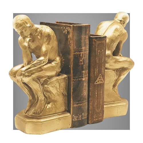 Bellaa 25594 Rodin Thinker Bookends Set of 2-9 Inch Golden Polyresin Auguste Statue Book Ends Heavy Duty Non-Skid