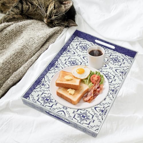 Serving Tray with Handles, 15.7 * 11.8 inches, Plastic Ottoman Tray with Exquisite Paintings, Trays for Coffee Table - color: Blue White