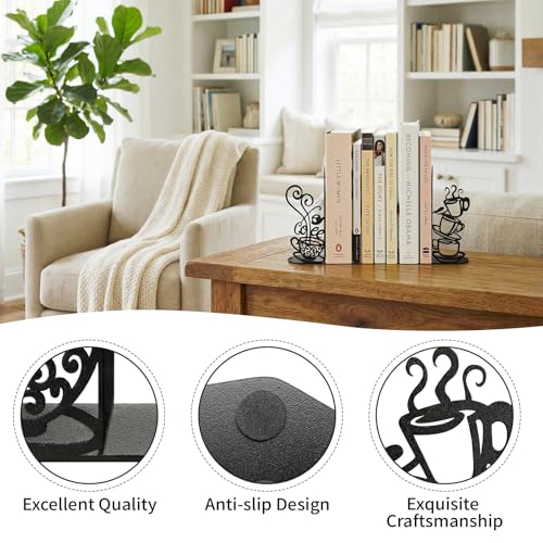 Creative Coffee Cup Decorative Bookend for Shelves, Metal Bookends for Heavy Books, Unique Cute Cookbook Organizer Book Holder for Kitchen Housewarming Cooking Book Lover Gifts - color: Black