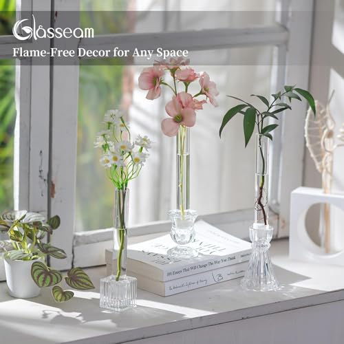 Glasseam Glass Bud Vase for Flowers: 3pcs Clear Small Vases for 22mm Candlestick Taper Candle Holders - 5.9" Skinny Table Centerpieces with Silicon Case for Tablescapes, Wedding Gift and Home Decor