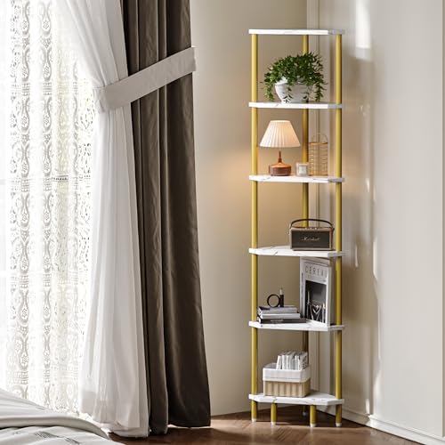 6 Tier Corner Shelf, 66.5'' Tall Standing Shelf, Narrow Display Shelf Stand, Modern Corner Bookshelf, Plant Stand, Corner Bookcase for Living Room, Bedroom, Bathroom, Gold and White LCS502GC - color: Gold and White