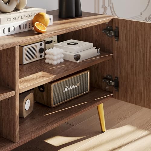 Modern 86in TV Stand for Living Room, Fluted Design Entertainment Center with Adjustable Shelves,Media TV Console Table with Storage for Bedroom,Walnut - color: Walnut