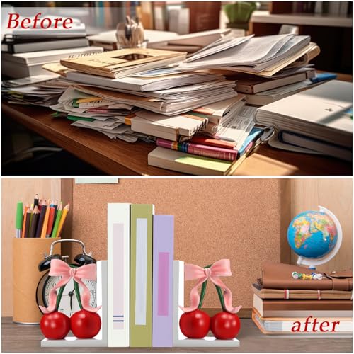 2 Pcs Pink Bow Cherry Bookends Wooden Pink Bookends Shelves Coquette Room Decor Cute Cherry Figurine Book Ends Bow Nursery Decoration for Bedroom Home Office Nursery Birthday Gift - style: Cherry