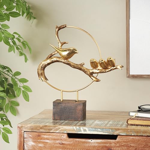 Deco 79 Polystone Bird Decorative Sculpture Family On A Branch Home Decor Statue with Brown Block Base, Accent Figurine 15" x 4" x 16", Gold