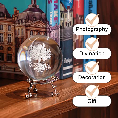 H&D Hyaline & Dora 70mm Tree of Life Clear Crystal Ball with Stand, K9 Glass Decorative Crystal Ball, 3D Laser Fengshui Home Decoration - color: 70mm Tree of Life