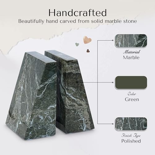 Modern Wedge Marble Bookends – Hand Carved, Polished Stone Bookends w/Non-Slip Rubber Pads – Lightweight & Compact Decorative Bookends (Green) - color: Green