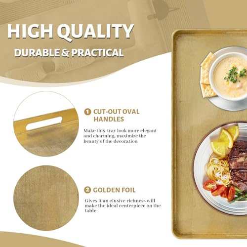 MAONAME Gold Decorative Tray with Handles, Foil Serving Tray for Ottoman, Rectangular Coffee Trays for Living Room, Bathroom, 16.7" L x 11.8" W x 1.6" H - size: 16.7" x 11.8" x 1.6"