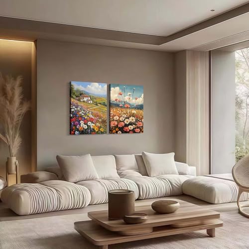 2pcs Framed Vintage Oil Painting Style Canvas Paintings Country Wildflowers Pastoral Scenery Farmhouse Wall Decor Floral for Bedroom Kitchen Office Cafe Landscape Artwork Ready to Hang 24x16 Inch - color: Vintage farmhouse oil painting wildflowers, size: