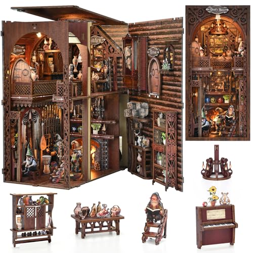 TOYQI Book Nook Kit, Book Nook Kits for Adults, DIY Miniature Dollhouse Kit 3D Wooden Puzzle Booknook Bookend with LED Light - style: Dwarfs's House
