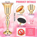 Weysat 10 Pcs Tall Vases for Centerpieces, 15 Inch Trumpet Vases Bulk Metal Gold Flower Arrangements for Party Dinner Event Wedding Floral Tabletop Birthday Decorations Reception Anniversary