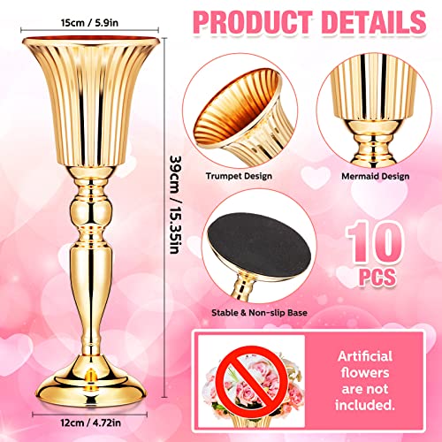 Weysat 10 Pcs Tall Vases for Centerpieces, 15 Inch Trumpet Vases Bulk Metal Gold Flower Arrangements for Party Dinner Event Wedding Floral Tabletop Birthday Decorations Reception Anniversary