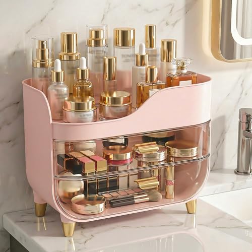Makeup Organizer for Vanity with Large Smooth Drawers Extra Large Skincare Organizer for Bathroom Countertop and Dresser, Crystal Clear Cosmetic Storage Display Case for Beauty Products - color: Pink