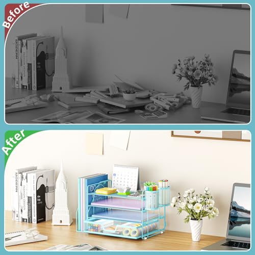 Marbrasse Desk Organizer and Accessories，4-Tier Paper Letter Tray Organizer with File Holder, Desk Accessories & Workspace Organizers with Drawer and 2 Pen Holder (Blue, 15.4" x 9.1" x 8.3") - color: Blue