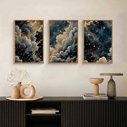 HPNIUB Dreamy Starry Night Sky Framed Wall Art Set,Moody Celestial Wall Decor,Modern Abstract Manimalist Gothic Printing,Natural Stars Illustrations Artwork for Living Room, Bedroom,Office-16''x24''x3 - color: Misty Starry Sky Wall Art, size: 16"L x 24"W