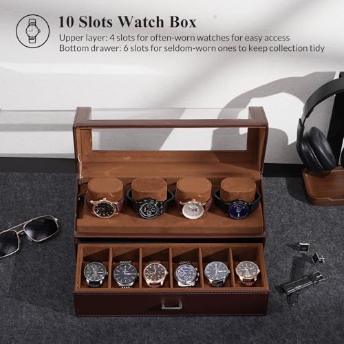 ProCase Watch Case for Men, 10 Slot Watch Display Stand with Acrylic Lid, Watch Display Case with Drawer, 2-Layer Mens Watch Box, Watch Holder Organizer for Men Women -Espresso - color: Espresso