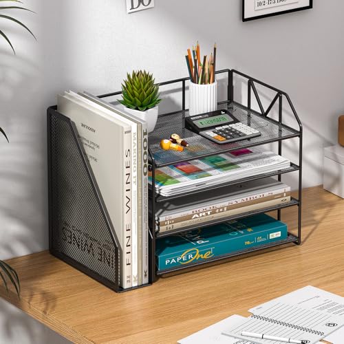4-Tier Paper File Organizer with Drawer, Metal Desk Organizer, Tiered Paper Tray for Letter/A4 Files, Desktop Office Supplies Storage Rack, Black - color: 4-Tier with Bookend