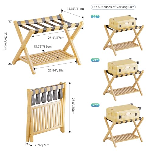 SMIBUY Luggage Rack, Foldable Bamboo Suitcase Stand with Storage Shelf for Guest Room, Bedroom, Hotel, Heavy-Duty, 1 Pack (Natural) - color: Natural