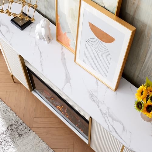 OKD Luxury 70" Fluted Fireplace TV Stand, Modern Chic Entertainment Center for TVs Up to 80 inches, TV Console with Faux Marble Top, Curved Profile Design, Media Console for Living Room, Off White - color: Off White, size: 70" TV Stand with Fireplace