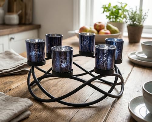 Seraphic Halloween Candle Holder Centerpiece Decoration – Black Metal Iron 6-Cup Votive Tealight Holder for Spooky Table Gothic Decor, Kitchen & Dining Room, Coffee Tables - color: Black