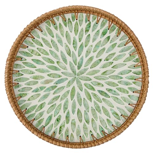 Round Rattan Tray for Home Decor 11.8 inch, Modern and Boho Decor Serving Tray with Mother of Pearl Inlay, Wicker Basket for Coffee Table, Hand Woven Decorative Tray Plates (Green)