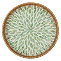 Round Rattan Tray for Home Decor 11.8 inch, Modern and Boho Decor Serving Tray with Mother of Pearl Inlay, Wicker Basket for Coffee Table, Hand Woven Decorative Tray Plates (Green)