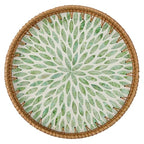 Round Rattan Tray for Home Decor 11.8 inch, Modern and Boho Decor Serving Tray with Mother of Pearl Inlay, Wicker Basket for Coffee Table, Hand Woven Decorative Tray Plates (Green)