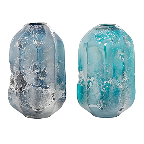 Deco 79 Glass Handmade Decorative Vase Blown Centerpiece Vases, Set of 2 Flower Vases for Home Decoration 12", 11"H, Blue