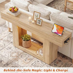 Homieasy Console Table, 63" Entryway Table with LED Lights & Charging Station, Farmhouse Wooden Sofa Table Behind Couch, Narrow Hallway Table for Living Room, Foyer, Entry, Natural Oak - color: Natural Oak, size: 63"