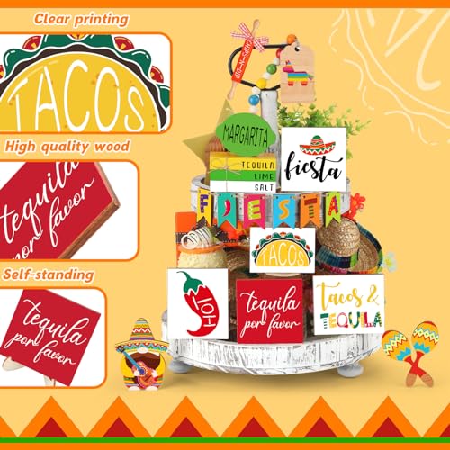 Tatuo 16 Pcs Cinco De Mayo Tiered Tray Decor Set, Mexican Wooden Fiesta Signs - Taco, Sombrero, Rainbow Donkey, Farmhouse Style Table Decor for Home Kitchen Summer Party Holiday Shelf