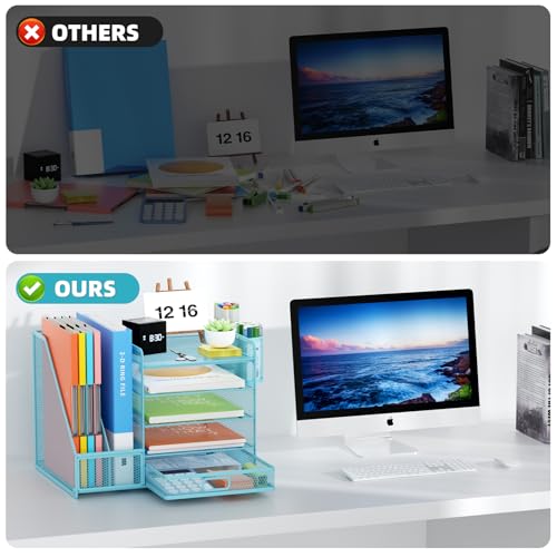Marbrasse Desk Organizer with File Holder, 5-Tier Paper Letter Tray Organizer with Drawer and 2 Pen Holder, Mesh Desktop Organizer and Storage with Magazine Holder for Office Supplies(Blue) - color: Blue