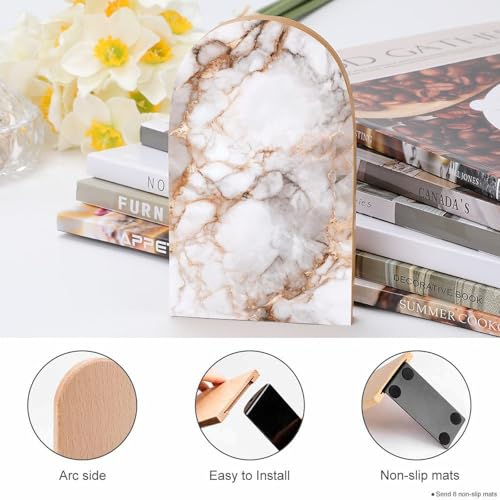 Minimalist Marble Texture Wooden Bookends Shelves 2 PCS White and Rose Gold Veins Sturdy Book Holders Desktop Organizer for Home Office Libraries - color: Color-4