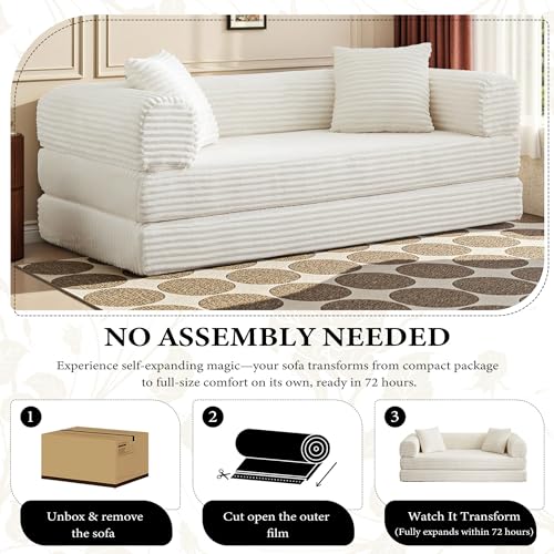 Boneless Couch Versatile Couches for Living Room No-Install Sofa Bed Corduroy Futon Soft Cloud Couch with Pillows for Bedroom Game Movie (White, 76") - color: White